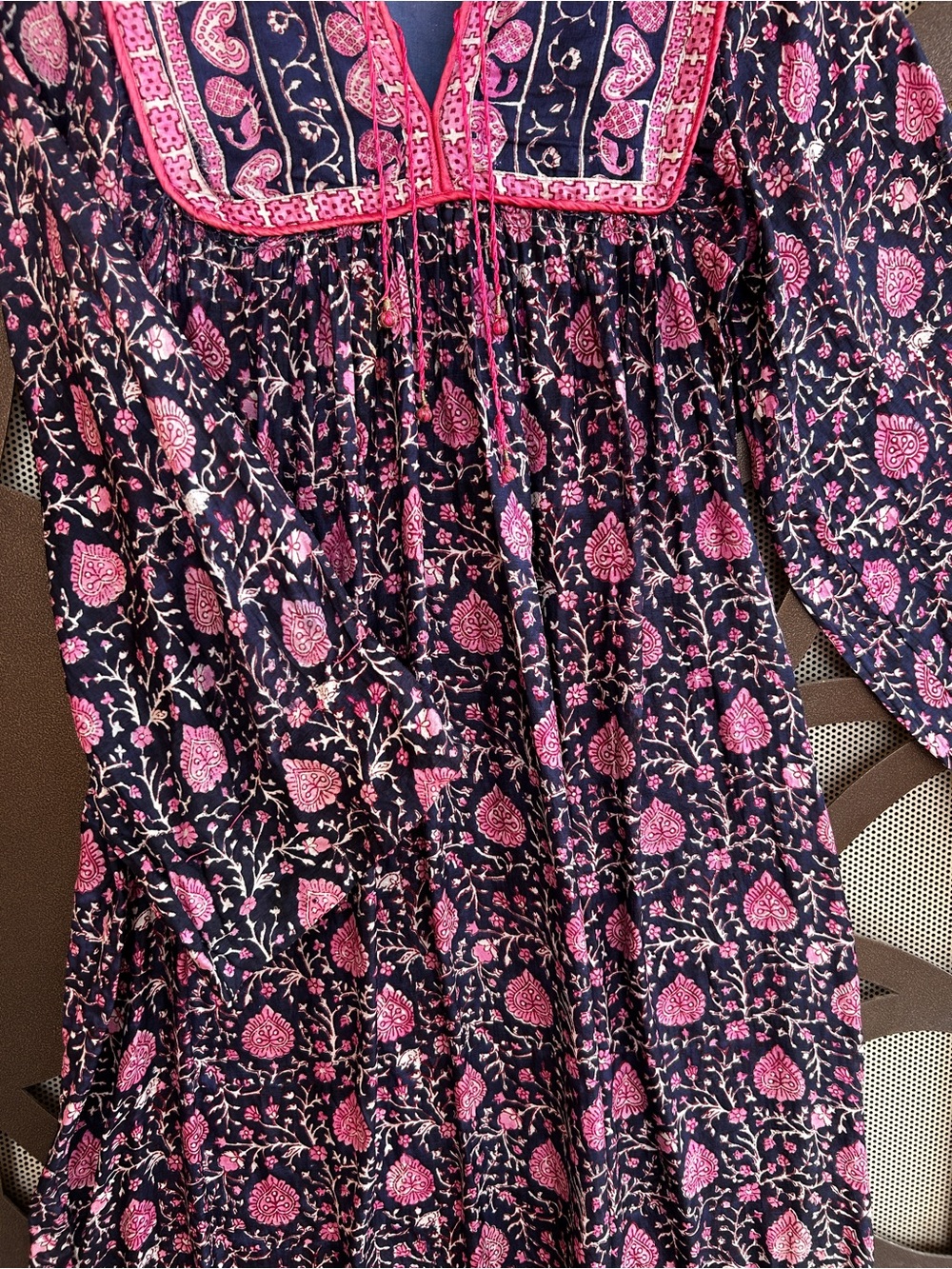 Vintage Silk India Navy and Pink Floral-Paisley Hippie Dress